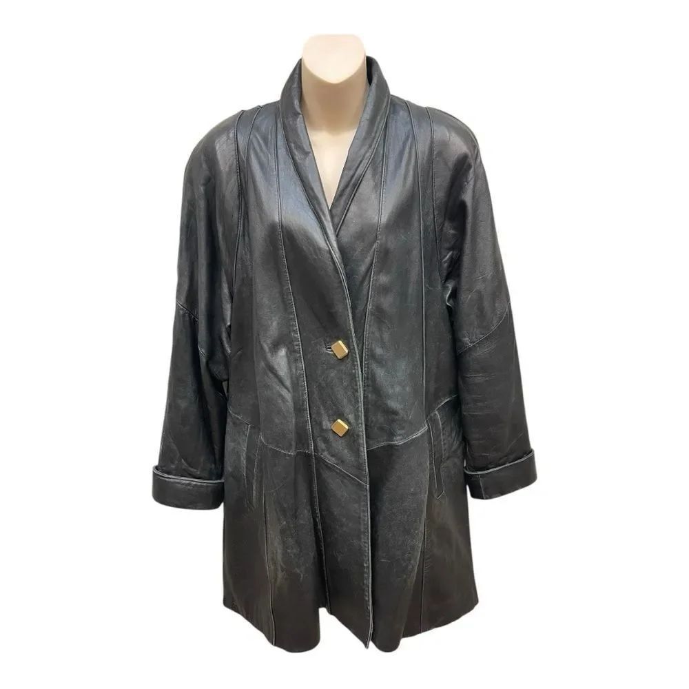 Vintage Colebrooke & Co Leather Black Swing Coat Shawl Collar Size S